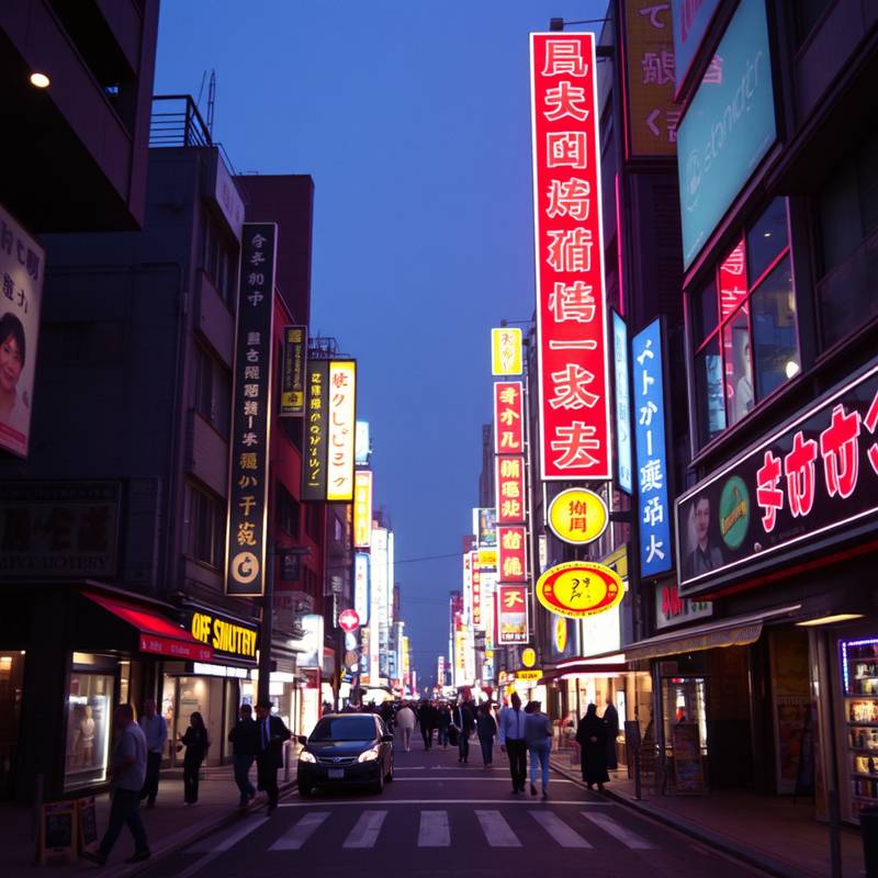 Calle con luces de neón en el distrito de Shibuya, Tokio.