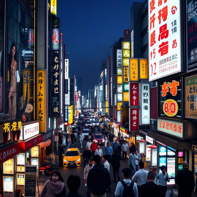 Calle con luces de neón en Shibuya, Tokio, mostrando el bullicio y la energía de la ciudad.