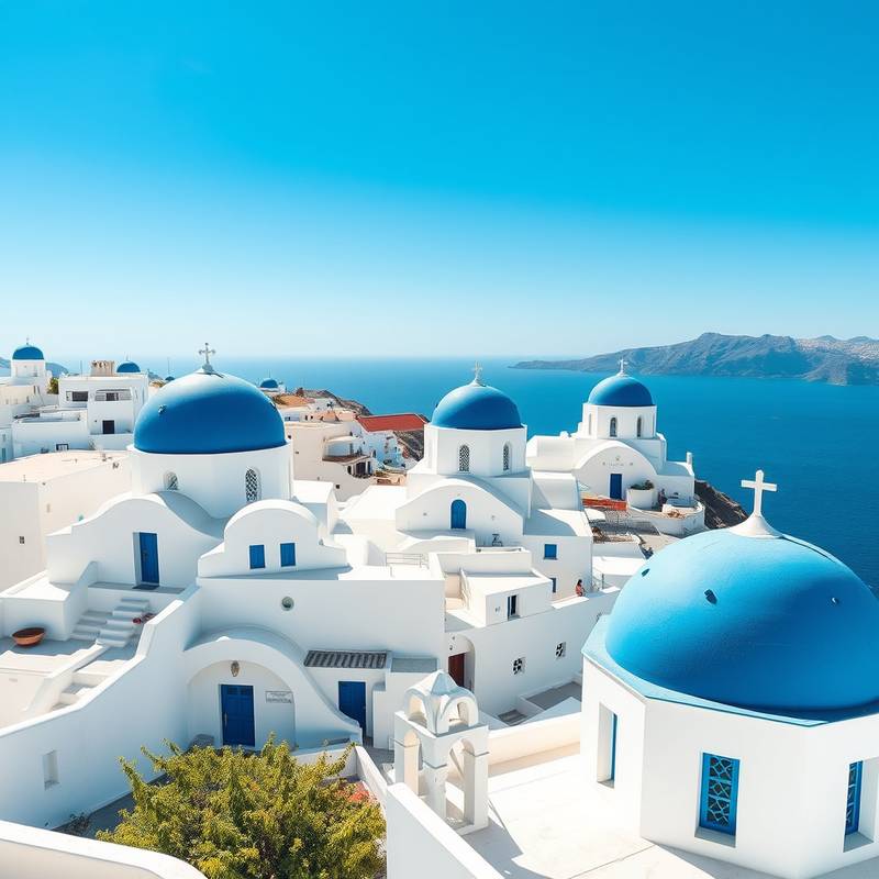 Casas blancas con cúpulas azules en Santorini, Grecia.