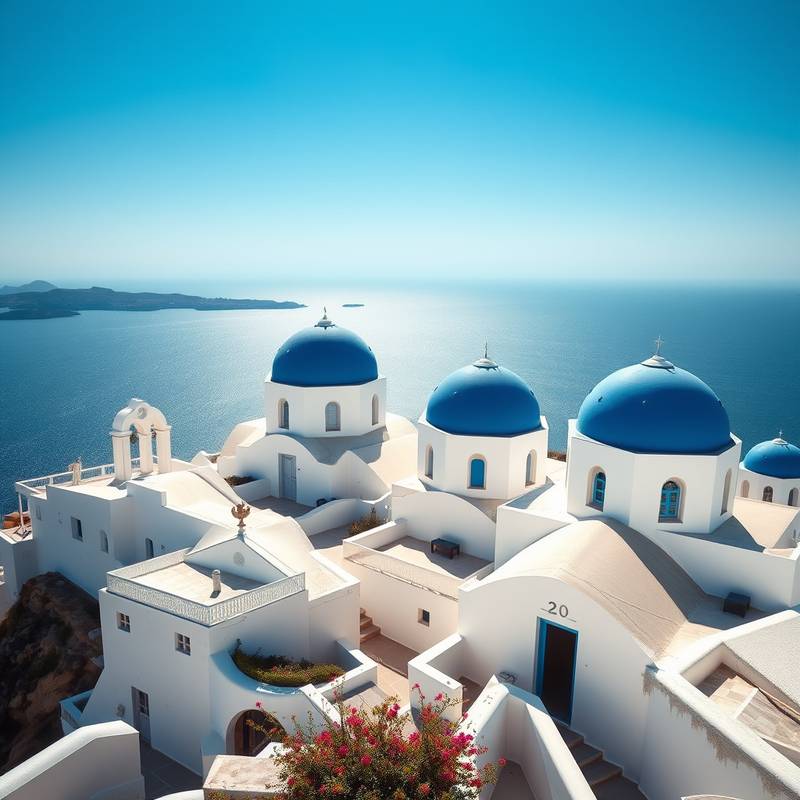 Casas blancas encaladas con cúpulas azules en Santorini, con el mar Egeo de fondo.