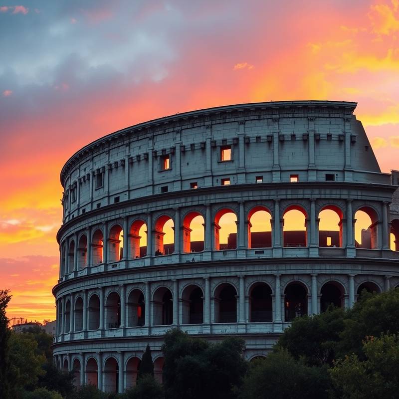 El Coliseo romano con el cielo del amanecer pintado de naranja y rosa.