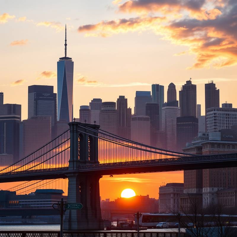 El horizonte de Manhattan con el Puente de Brooklyn en primer plano al atardecer.