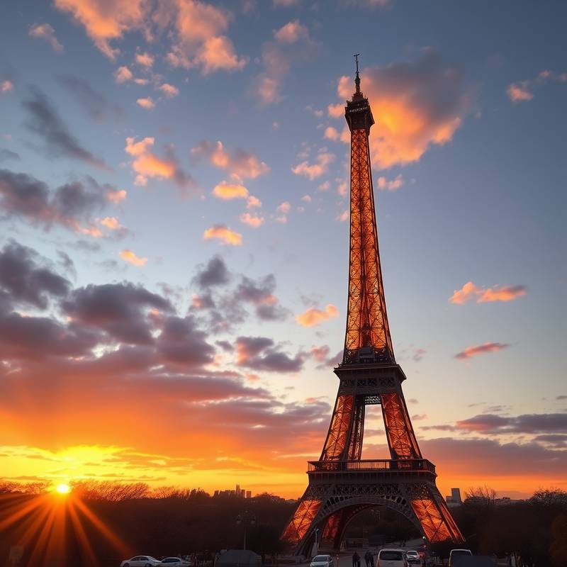 La Torre Eiffel iluminada al atardecer en París.