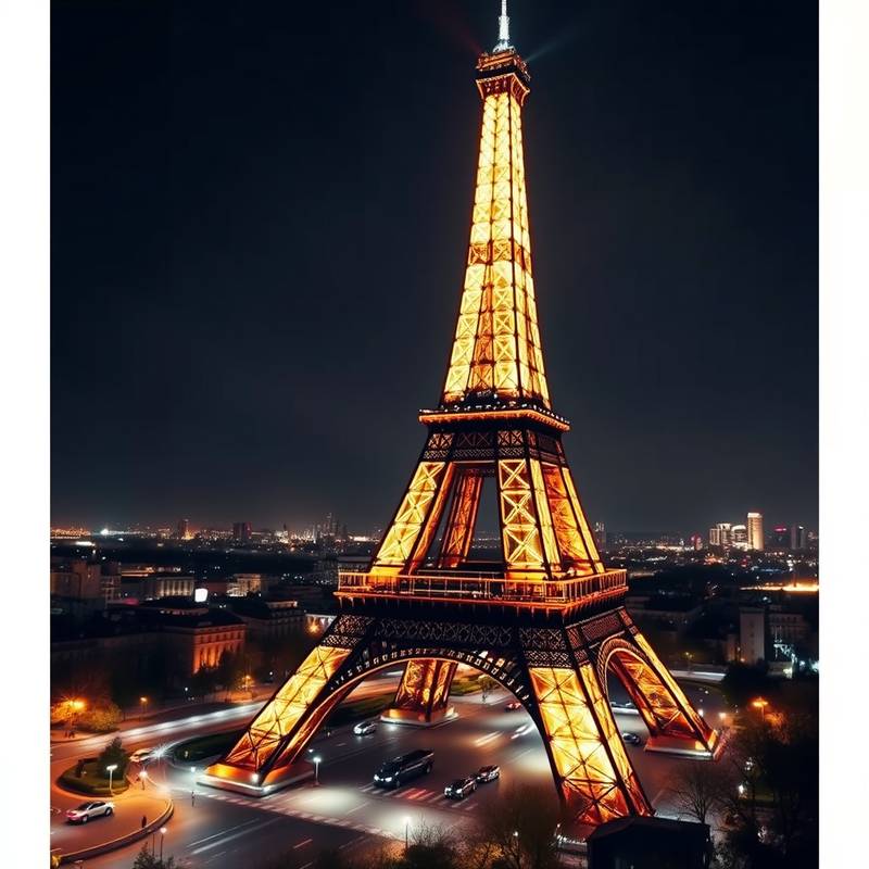 La Torre Eiffel iluminada por la noche con las luces de la ciudad brillando a su alrededor.