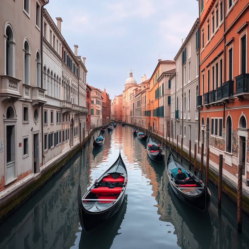 Un canal veneciano con góndolas y edificios antiguos reflejados en el agua.