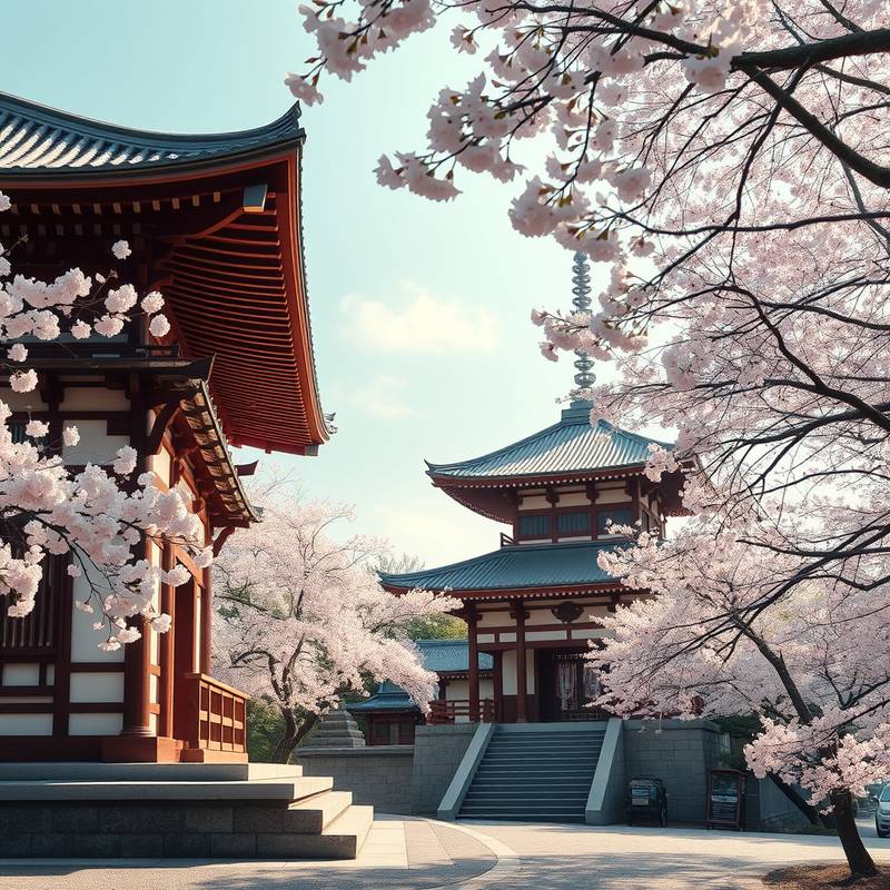 Un templo tradicional japonés con cerezos en flor en Kioto.