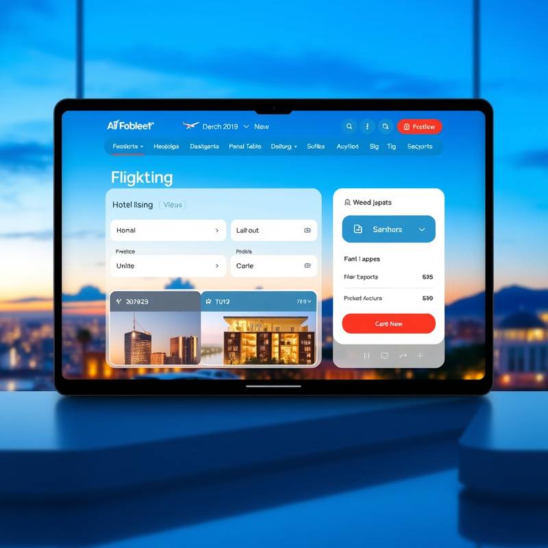 Una captura de pantalla de una interfaz de reserva de vuelos y hoteles en línea, mostrando opciones de diferentes aerolíneas y hoteles.