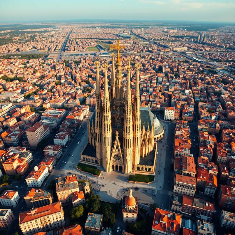 Vista aérea de Barcelona mostrando la Sagrada Familia y el entramado urbano.