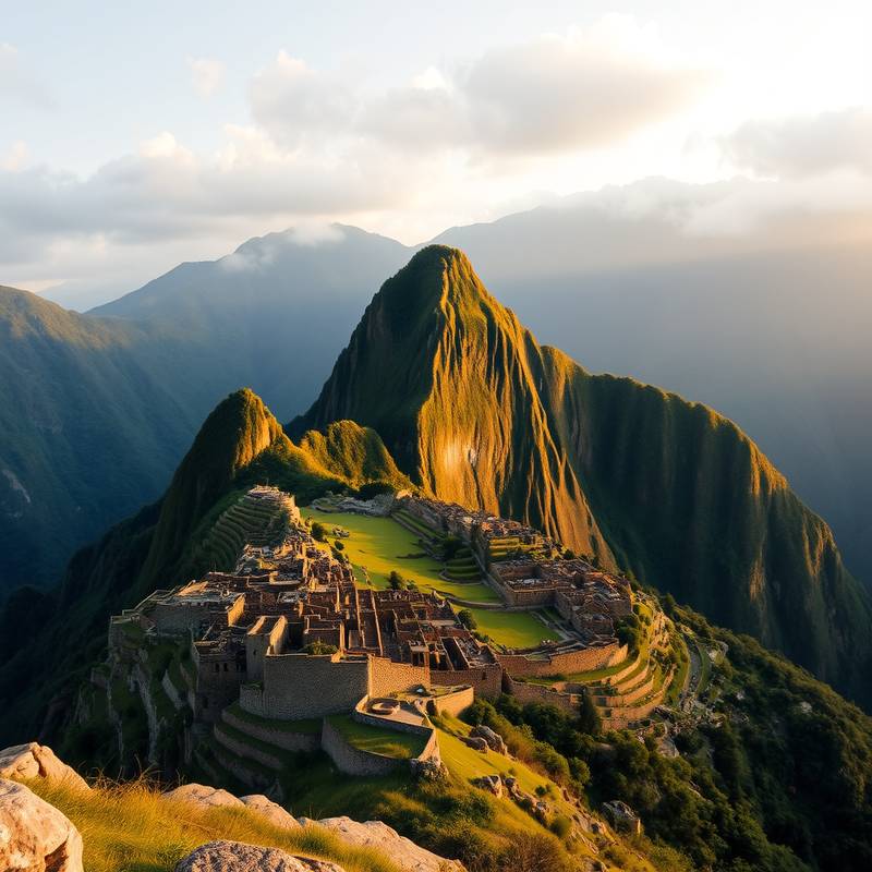 Vista panorámica de Machu Picchu con las montañas andinas rodeándola.